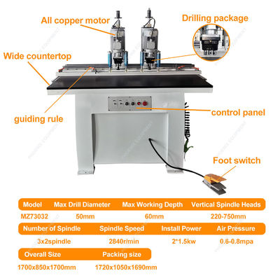 1700x850x1700mm MZ73032 Double Head Multi Wood Boring Machine met 3x2pcs Spindels